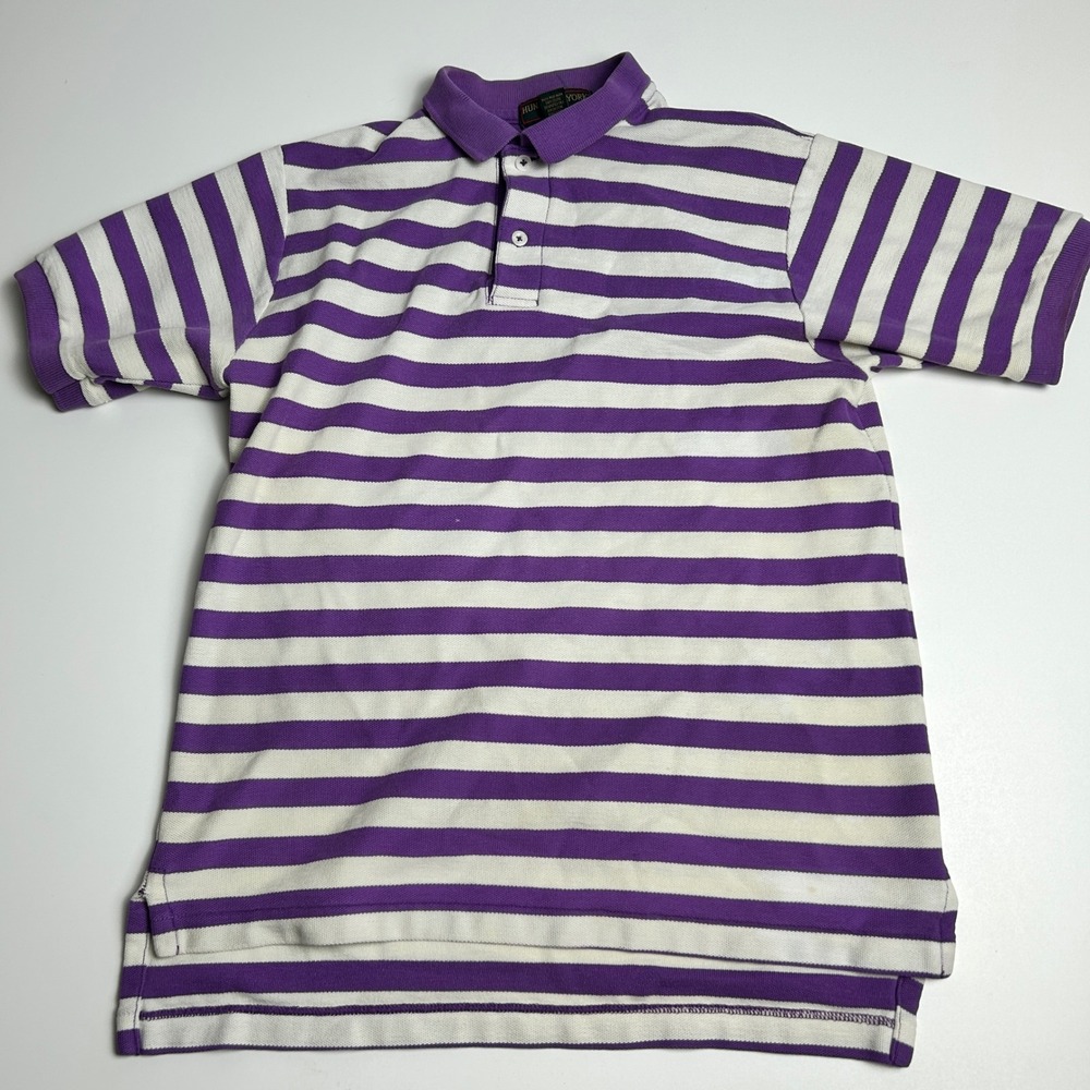 Huntley of York Womens Purple White Striped Cotton Polo Shirt Size M Made in USA